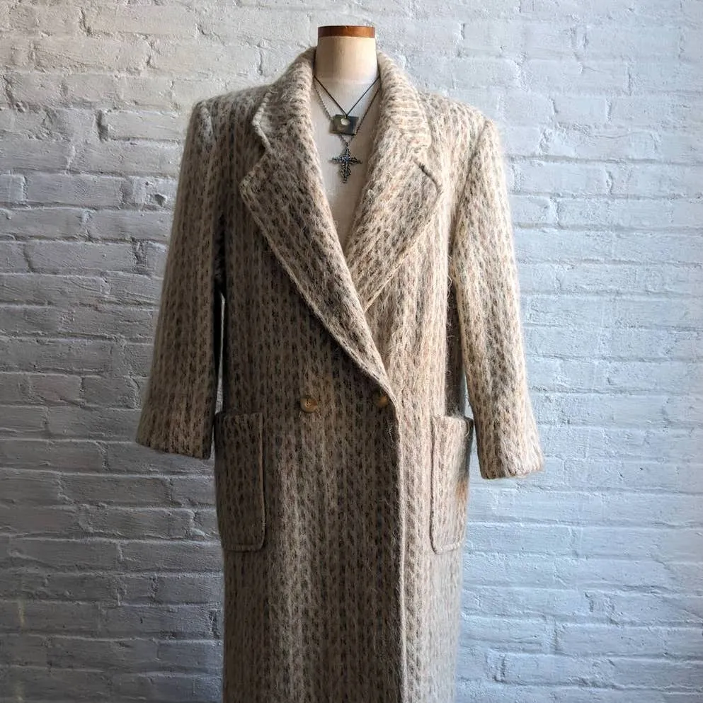 70s Vintage Minimalist Mohair Wool Trench Coat Fuzzy Earthtone Striped Jacket