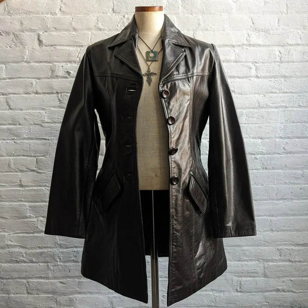 90s Vintage Black Genuine Leather Mini Trench Minimalist Goth Duster Jacket Top