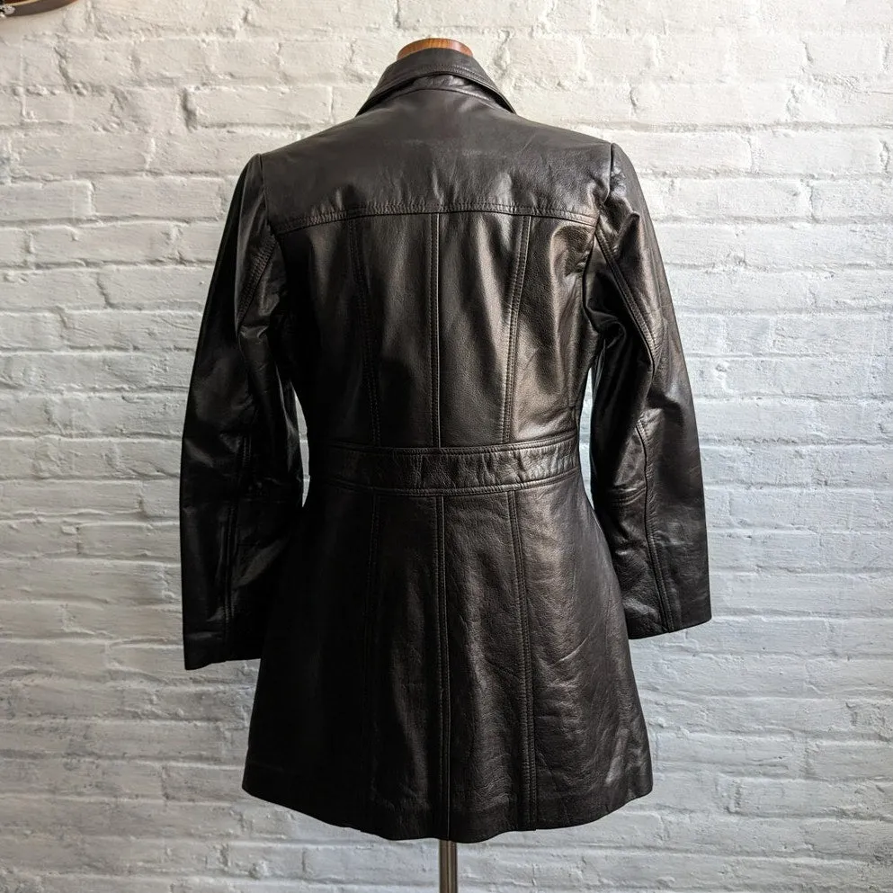 90s Vintage Black Genuine Leather Mini Trench Minimalist Goth Duster Jacket Top