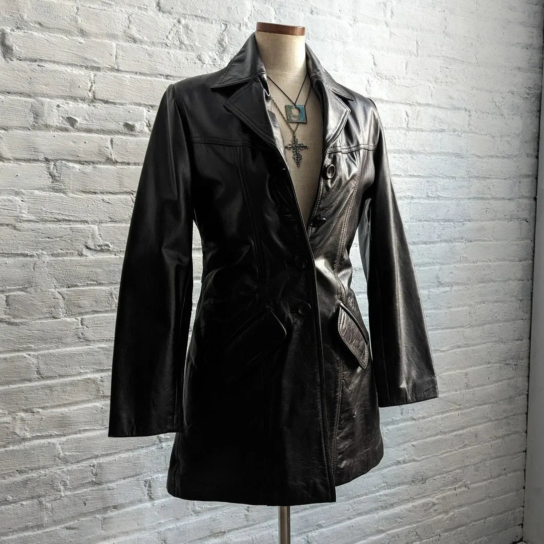 90s Vintage Black Genuine Leather Mini Trench Minimalist Goth Duster Jacket Top