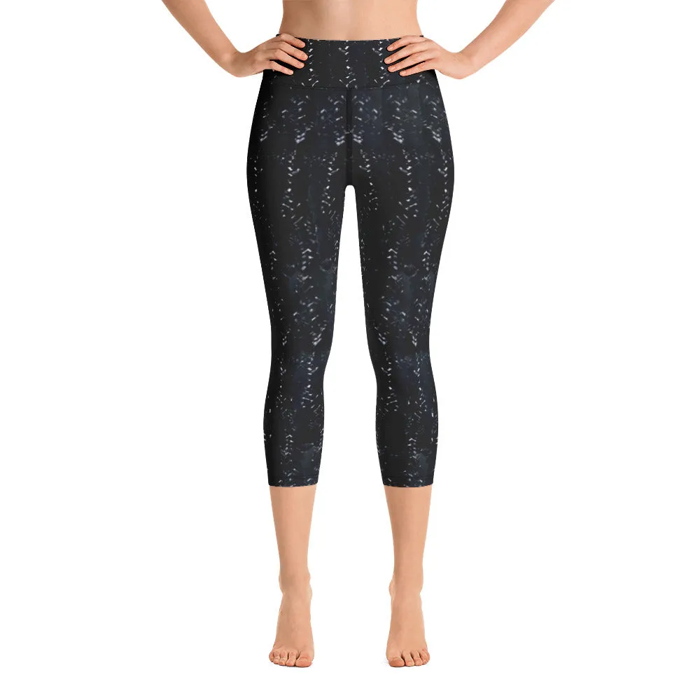 Black Herringbone High Waist Yoga Capri Leggings