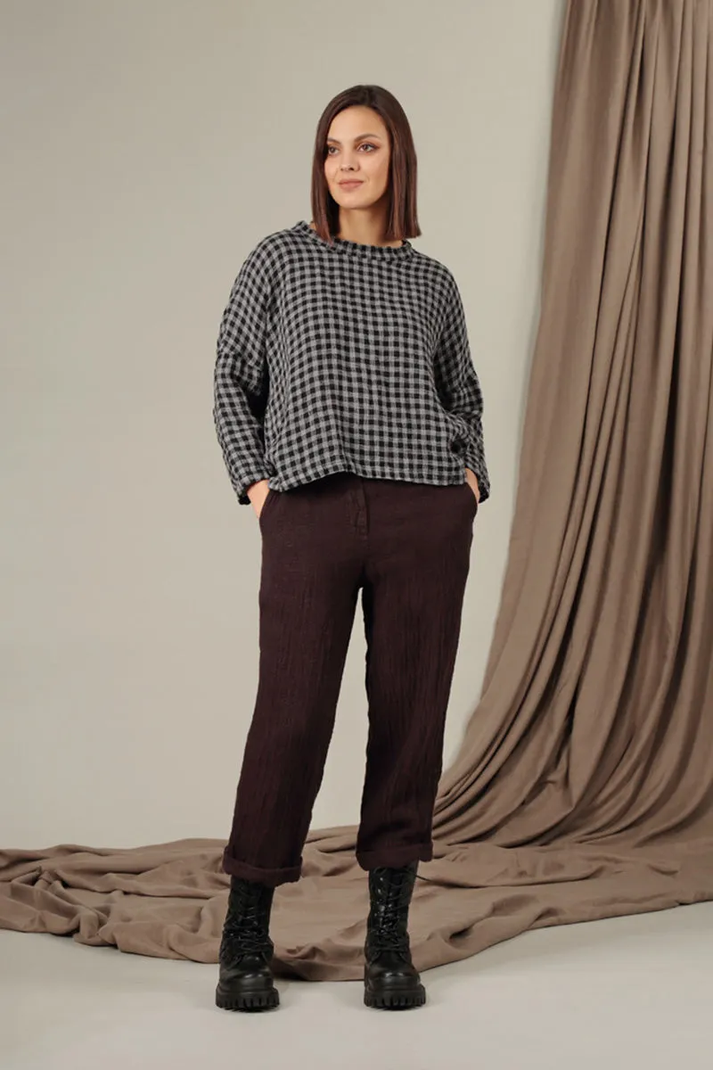 Boxy Grey Check Linen Blouse