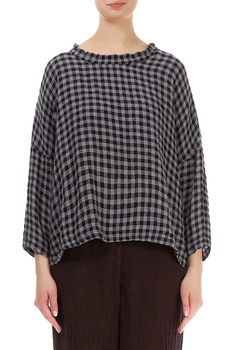 Boxy Grey Check Linen Blouse