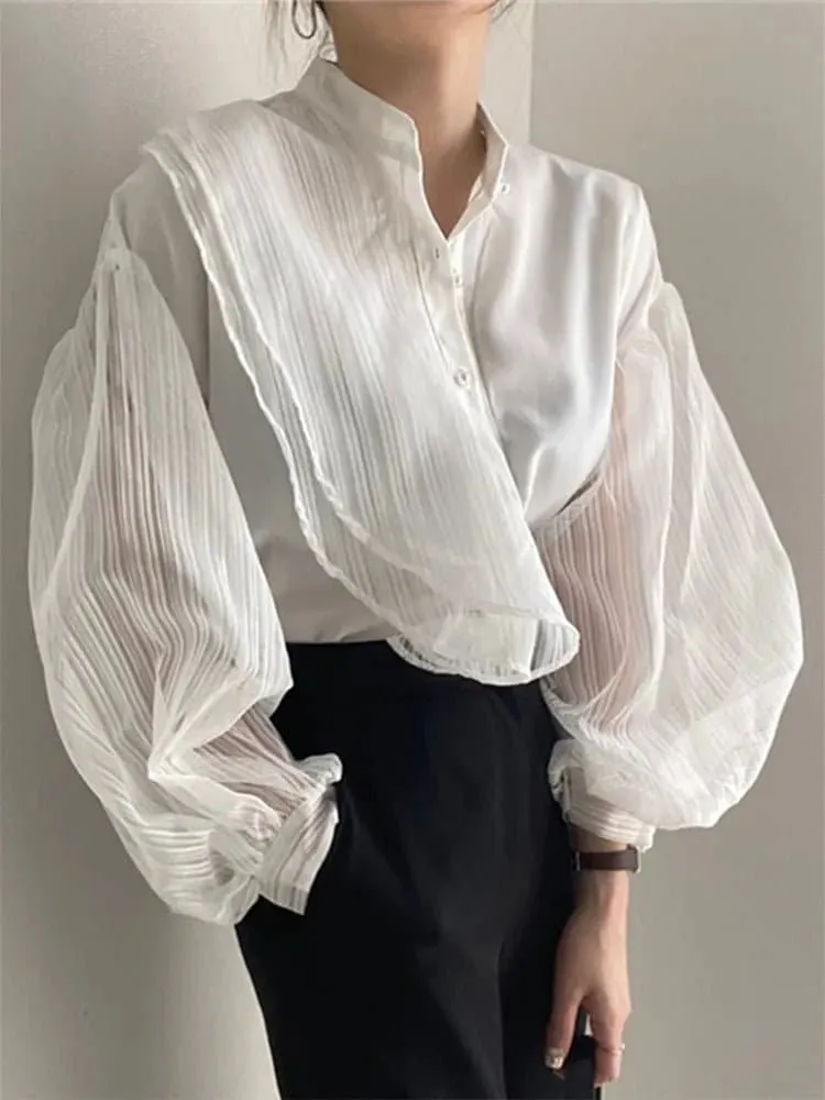 Chic Transparent Blouse with Ruffle Decoration & Puff Sleeves