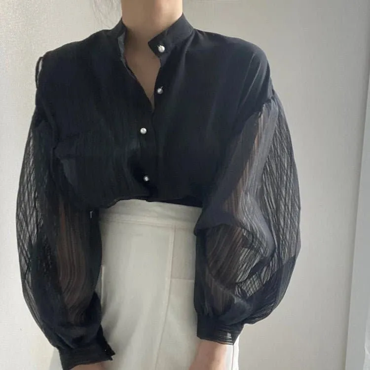 Chic Transparent Blouse with Ruffle Decoration & Puff Sleeves