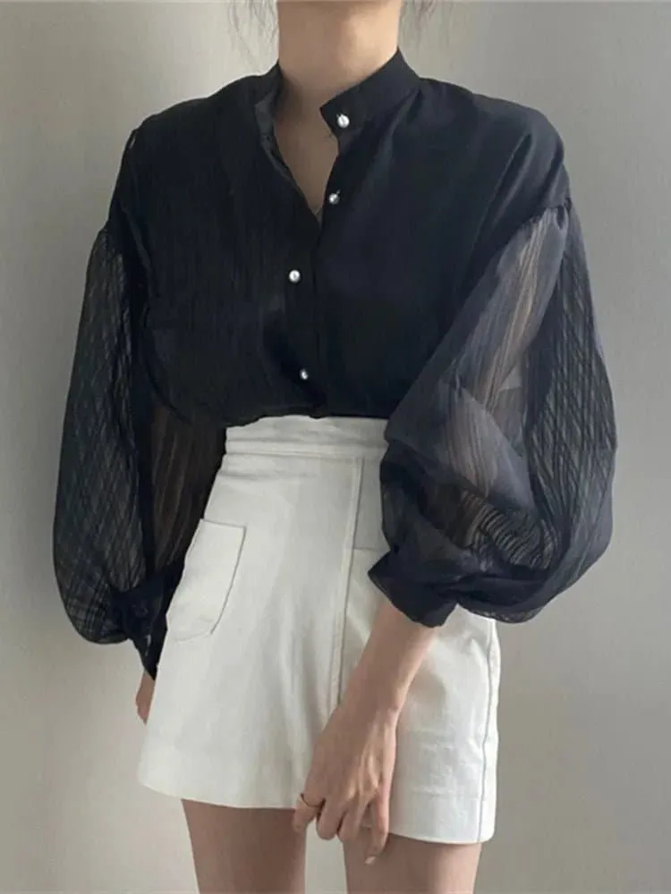 Chic Transparent Blouse with Ruffle Decoration & Puff Sleeves