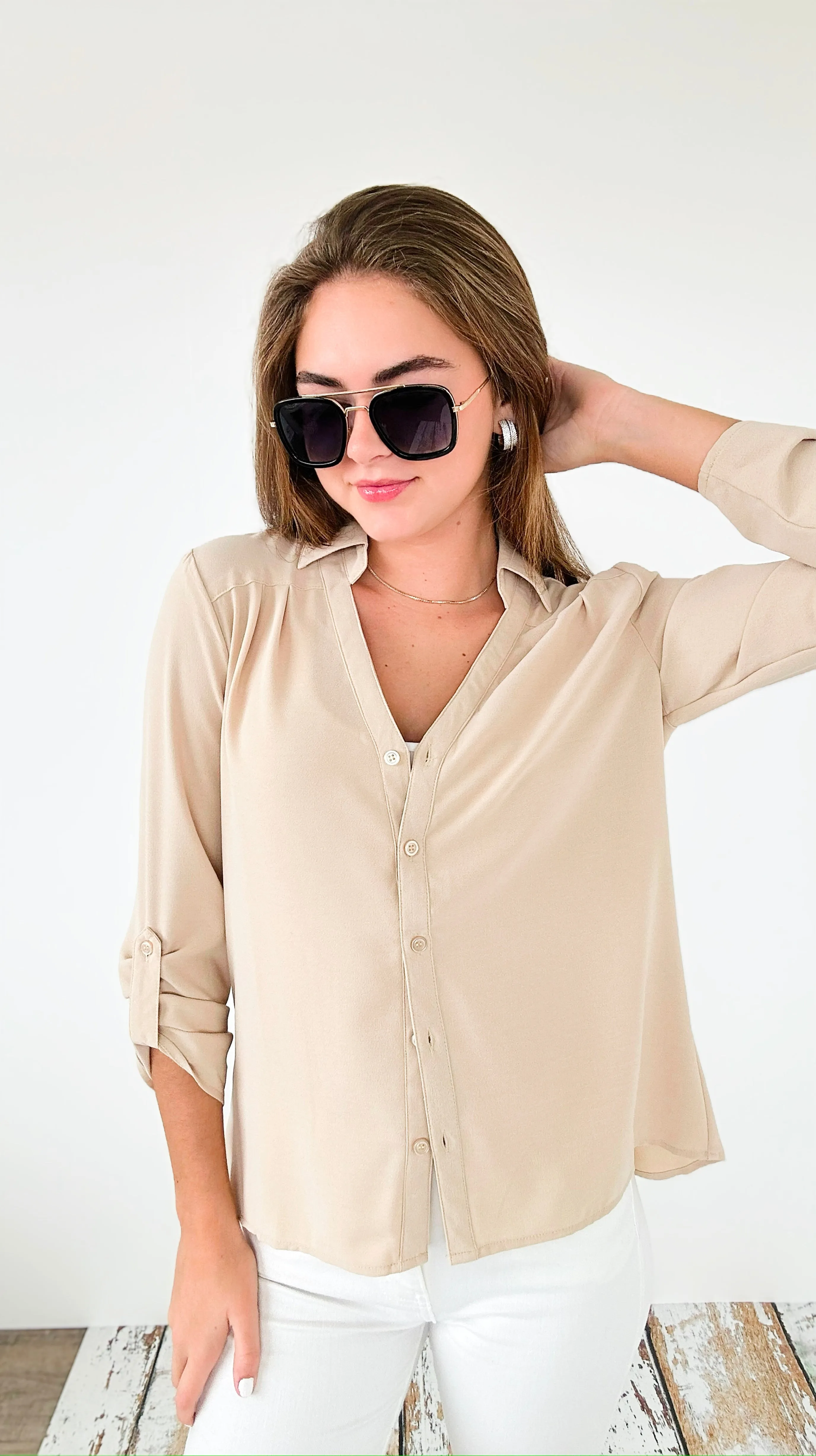 Classic Breeze Roll-Tab Blouse Top - Beige