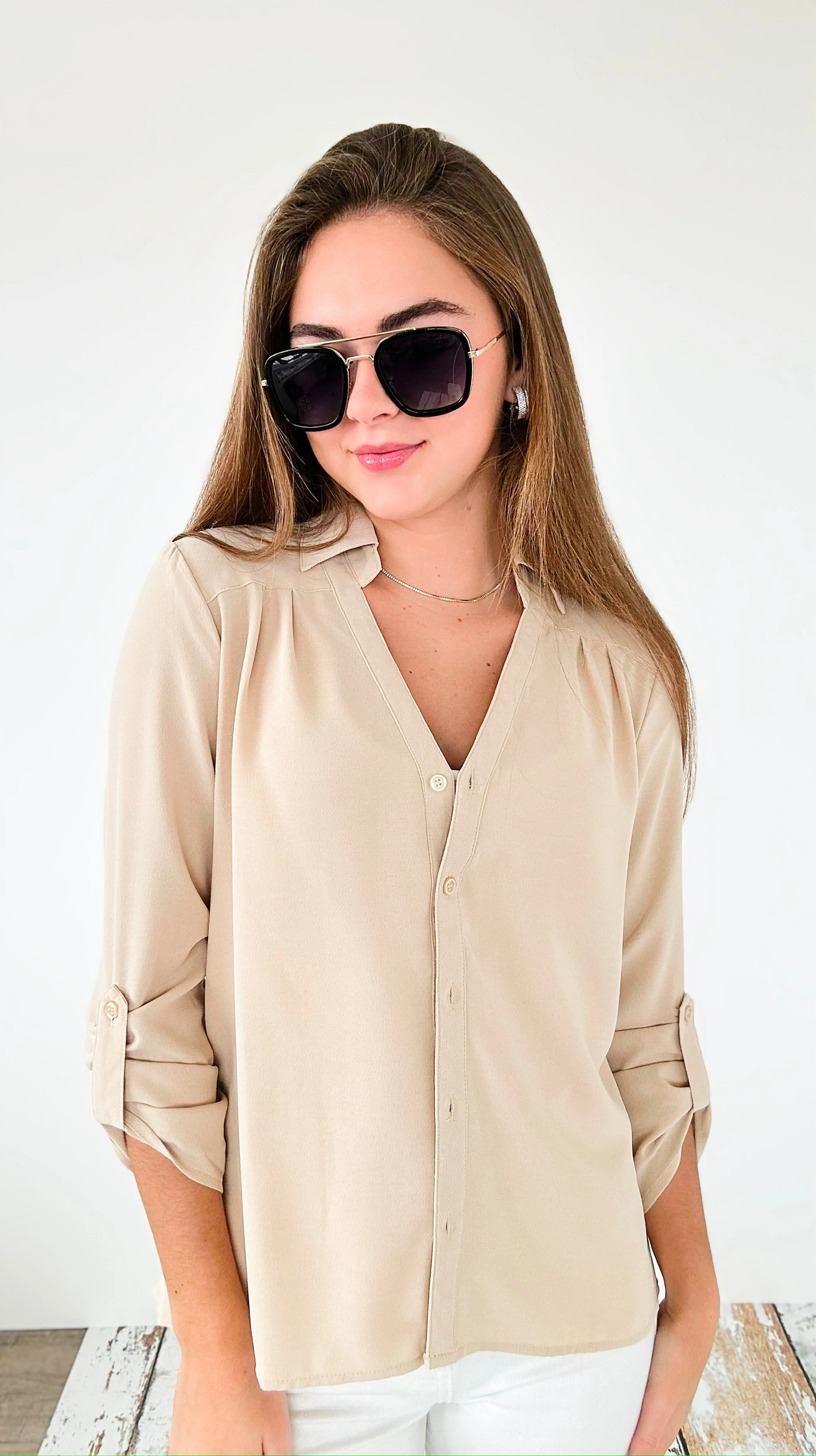 Classic Breeze Roll-Tab Blouse Top - Beige