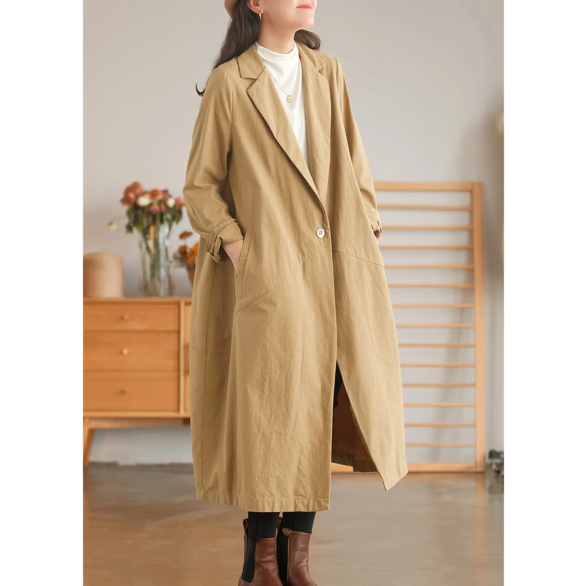 Classic Long Sleeve Trench, Fluffy Ladies Overcoat, Cotton Buckle Long Black Coat