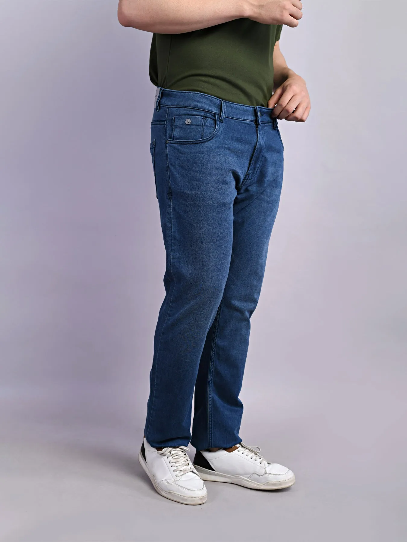 Cotton Stretch Indigo Plain Straight Fit Flat Front Casual Jeans