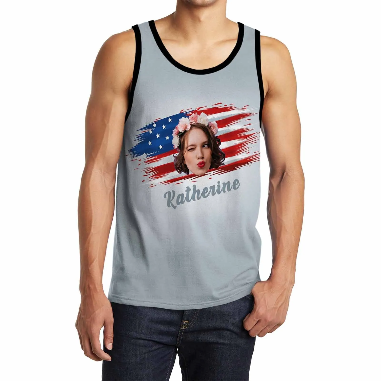 Custom Tank Tops Name&Face American Flag Grey Sleeveless T Shirt Personalized Men's All Over Print Tank Top