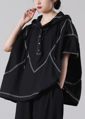 Drawstring Elegant Black drawstring Cotton Blouses Summer