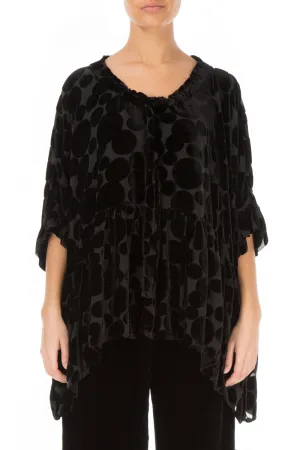 Flared Devoré Bubbles Black Silk Velvet Blouse