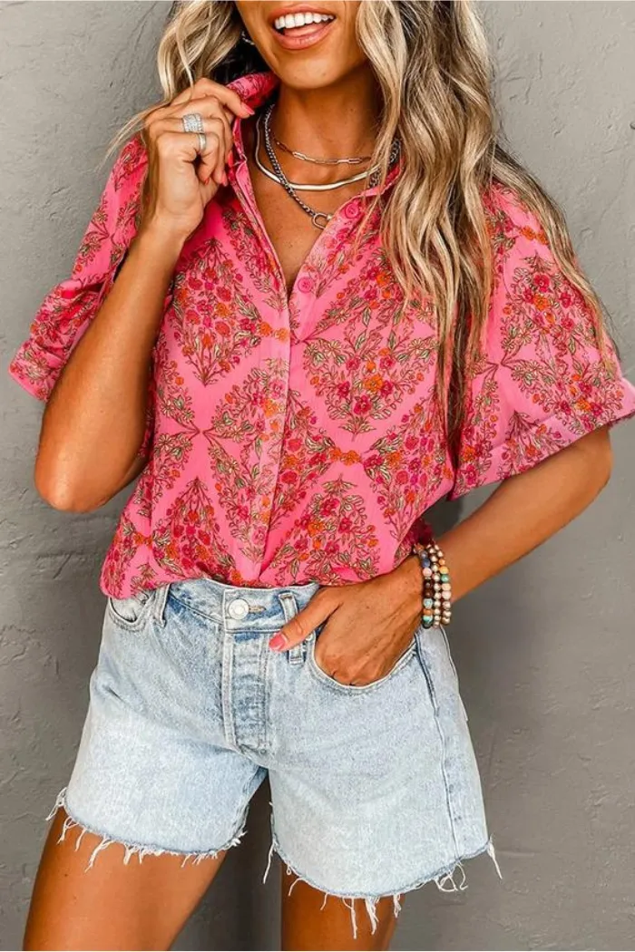 Floral Print Wide Short Sleeve Loose Shirt