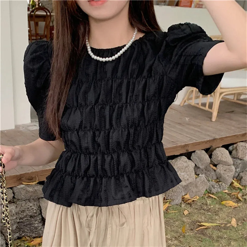 Girlary French Solid Blouses Women Chic Elegant Mujer New Gentle Casual Summer Short Sleeve Work Wear Slim-Fit Blusas