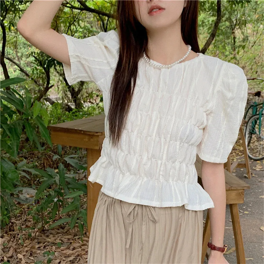 Girlary French Solid Blouses Women Chic Elegant Mujer New Gentle Casual Summer Short Sleeve Work Wear Slim-Fit Blusas