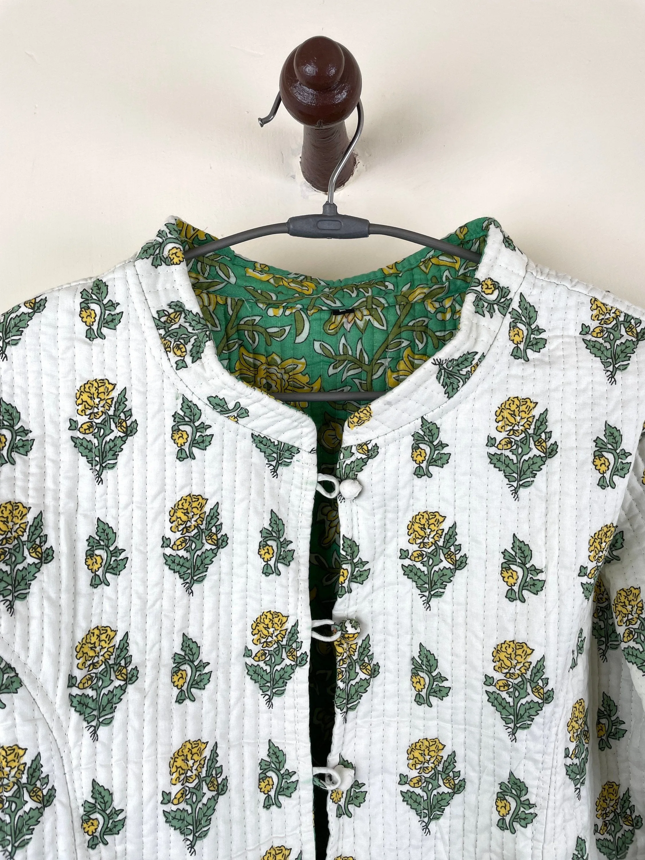 Indian Handmade Quilted Cotton Fabric Jacket Stylish White & Green Floral Women's Coat, Reversible Waistcoat for Her