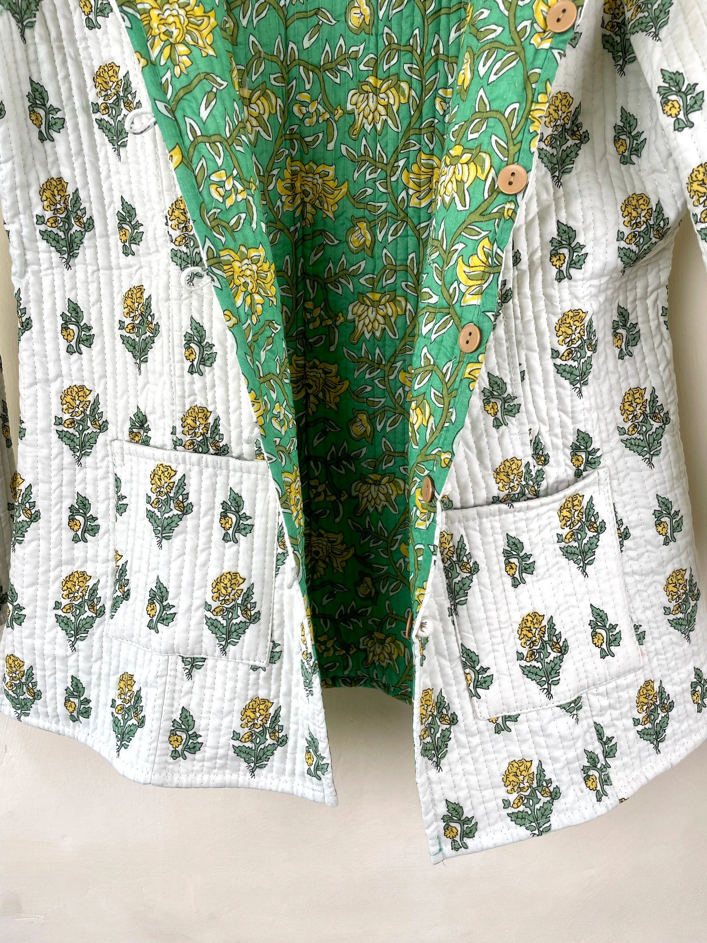 Indian Handmade Quilted Cotton Fabric Jacket Stylish White & Green Floral Women's Coat, Reversible Waistcoat for Her