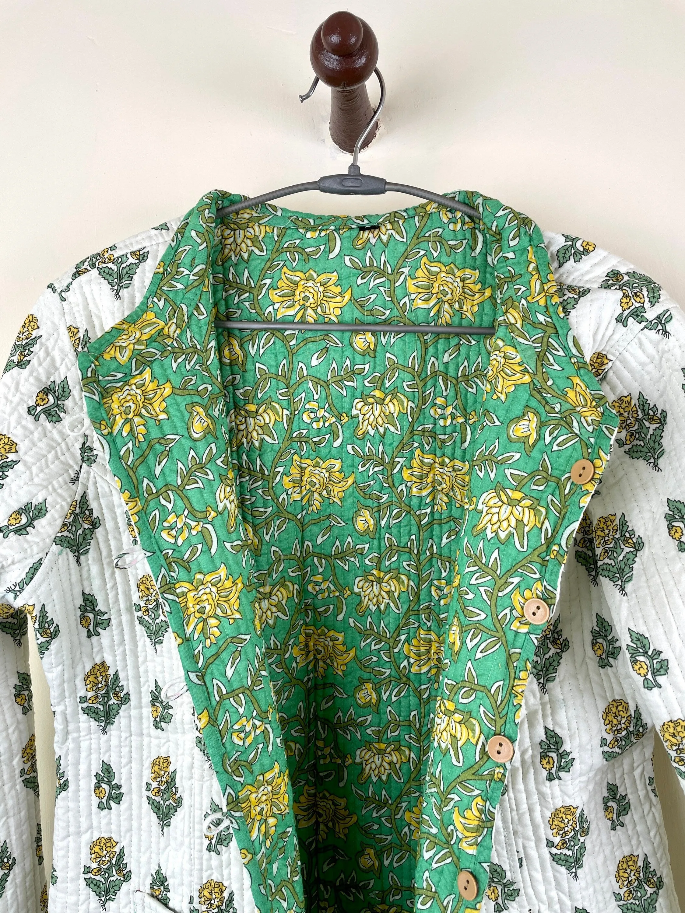 Indian Handmade Quilted Cotton Fabric Jacket Stylish White & Green Floral Women's Coat, Reversible Waistcoat for Her