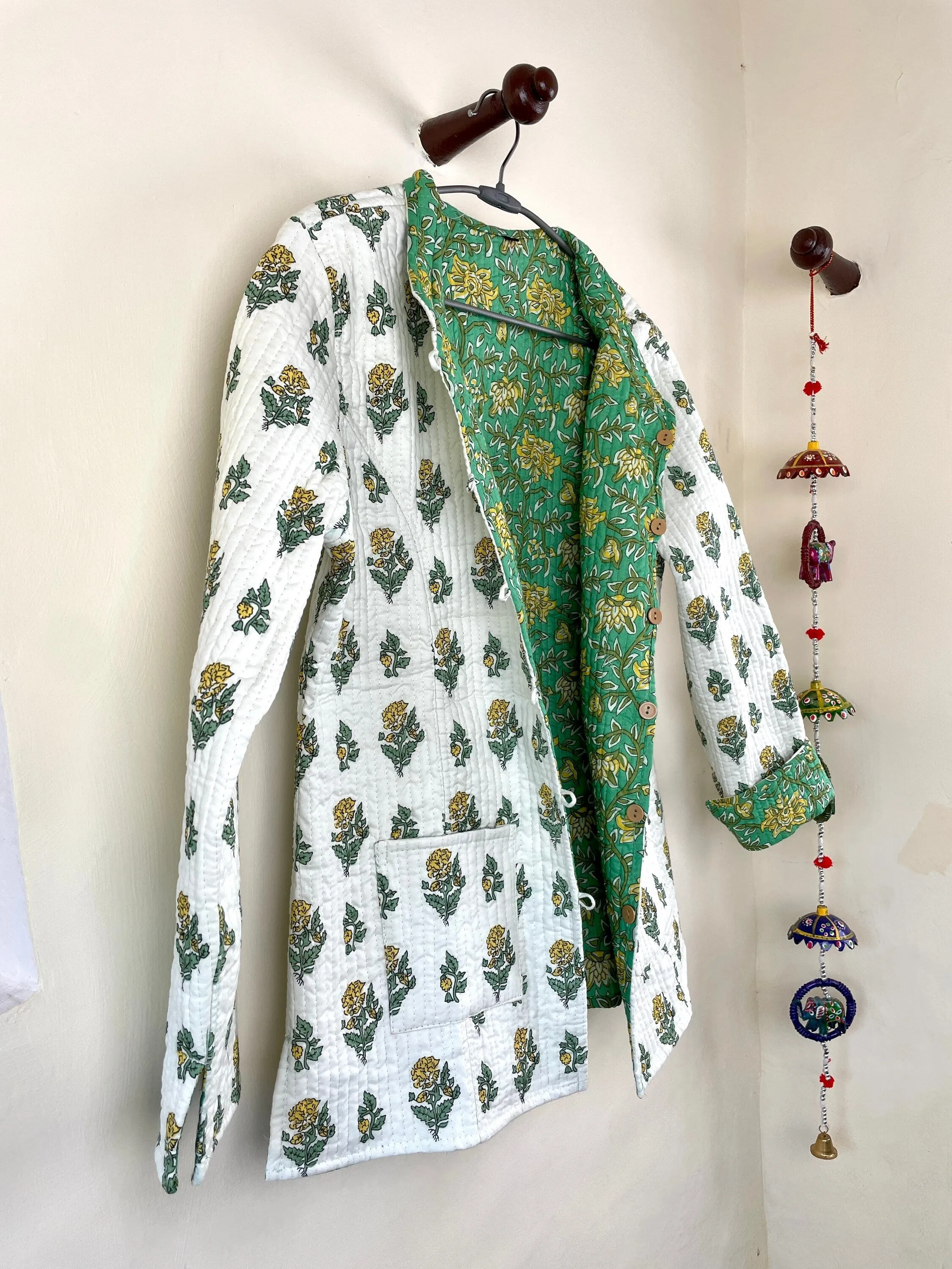 Indian Handmade Quilted Cotton Fabric Jacket Stylish White & Green Floral Women's Coat, Reversible Waistcoat for Her