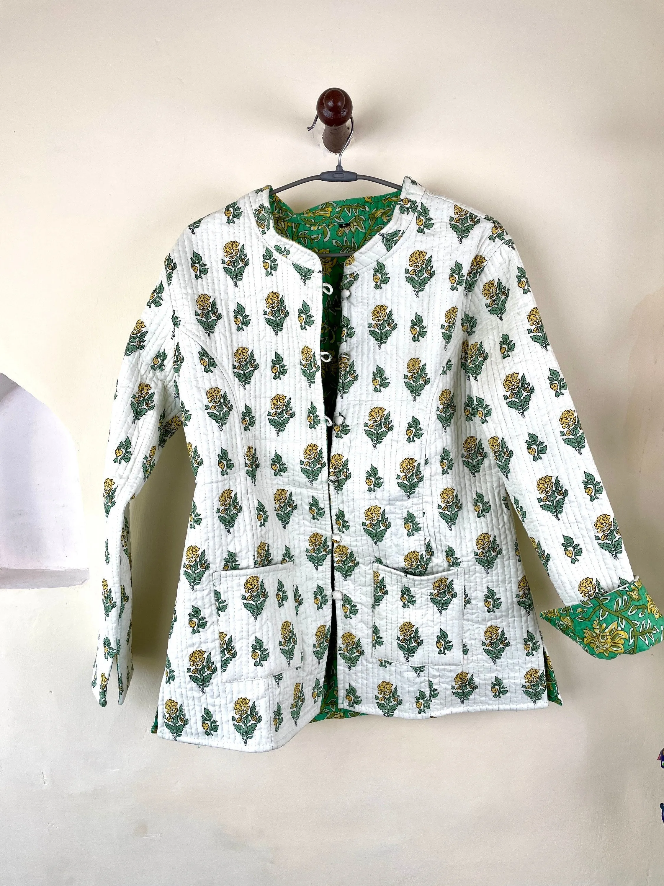 Indian Handmade Quilted Cotton Fabric Jacket Stylish White & Green Floral Women's Coat, Reversible Waistcoat for Her