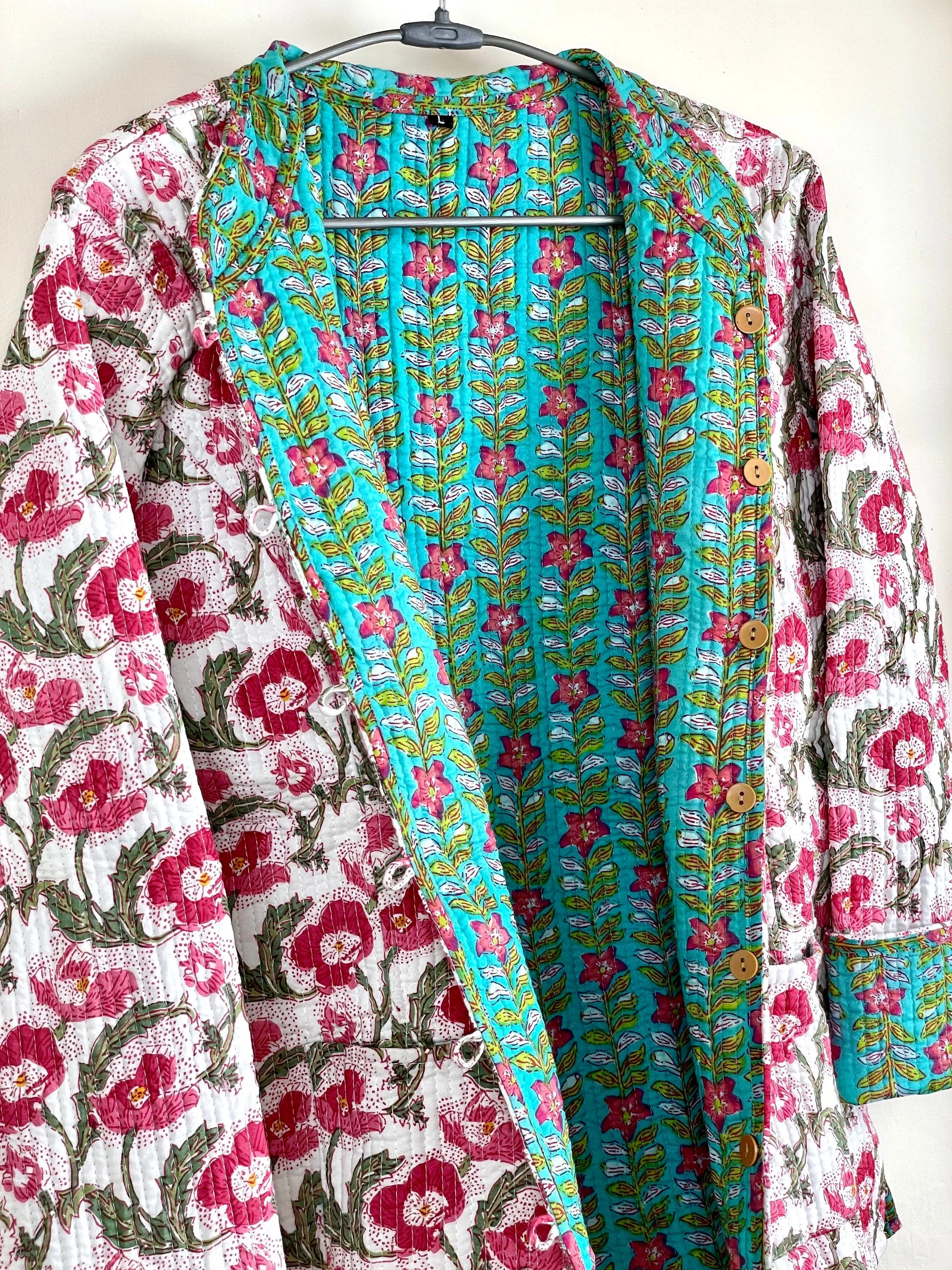 Indian Handmade Quilted Cotton Fabric Jacket Stylish White & Pink Floral Women's Coat, Reversible Waistcoat for Her