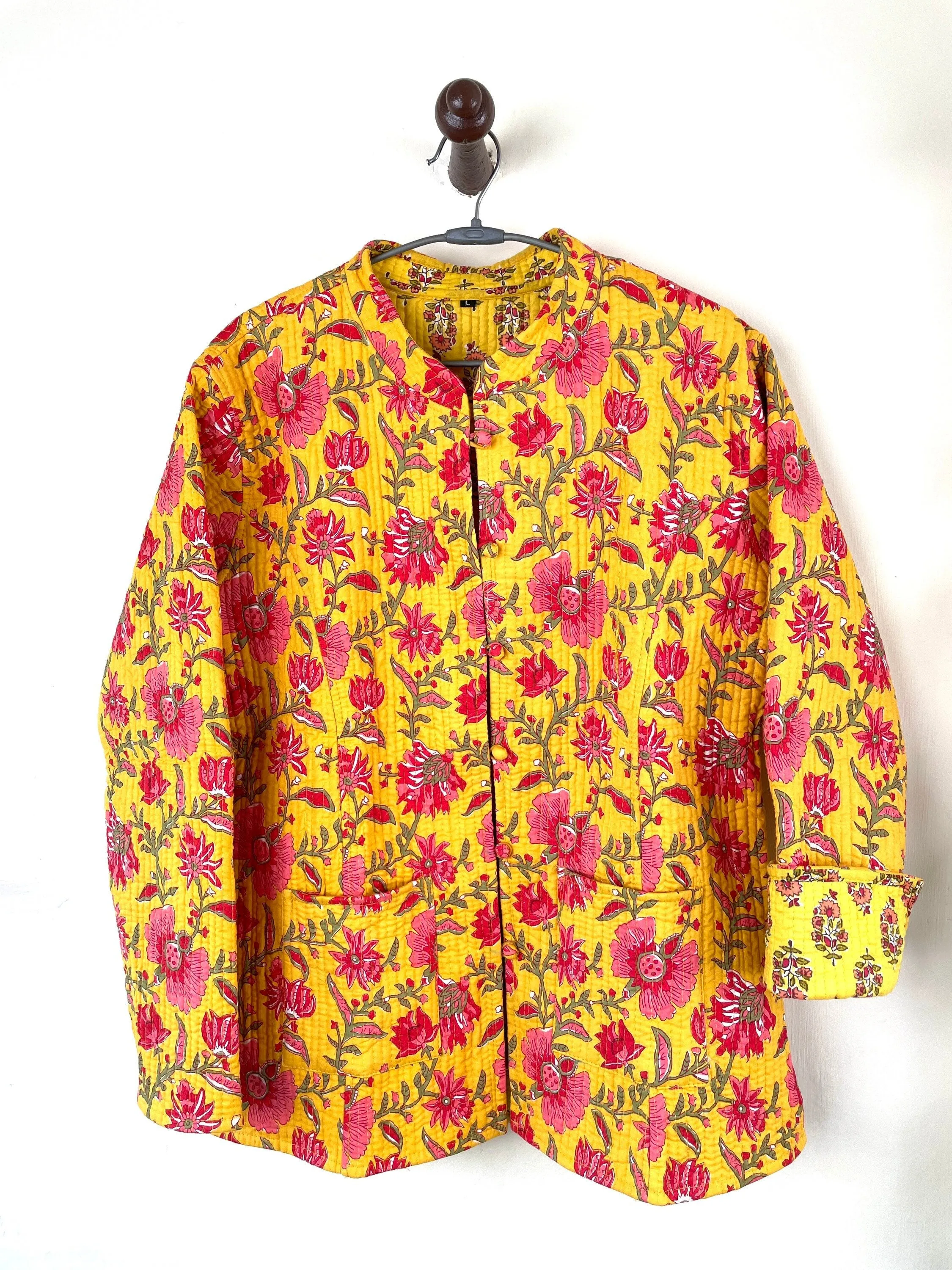 Indian Handmade Quilted Cotton Fabric Jacket Stylish Yellow & Pink Floral Women's Coat, Reversible Waistcoat for Her