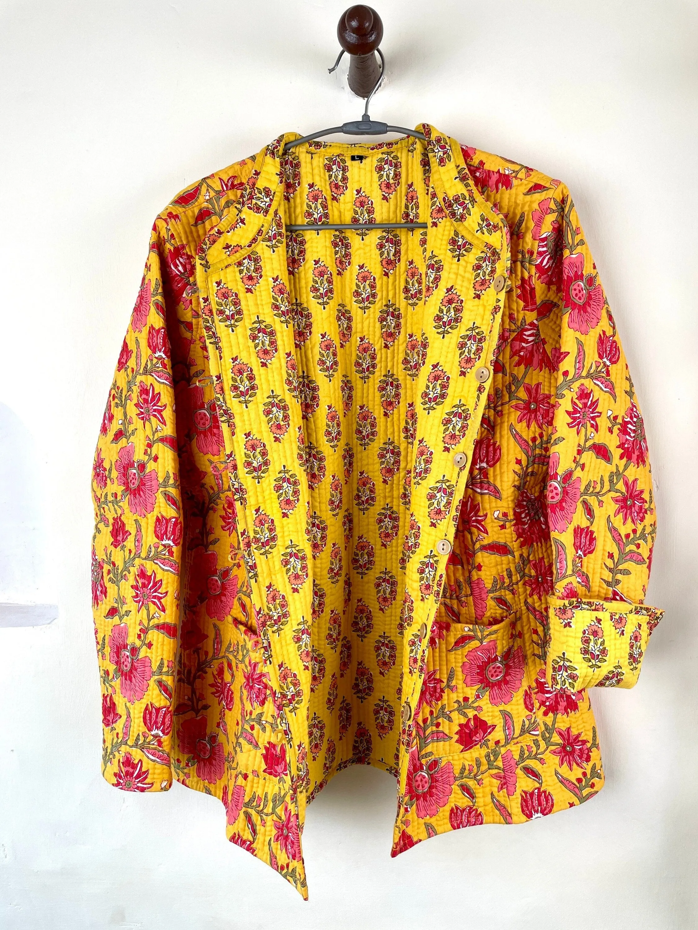 Indian Handmade Quilted Cotton Fabric Jacket Stylish Yellow & Pink Floral Women's Coat, Reversible Waistcoat for Her