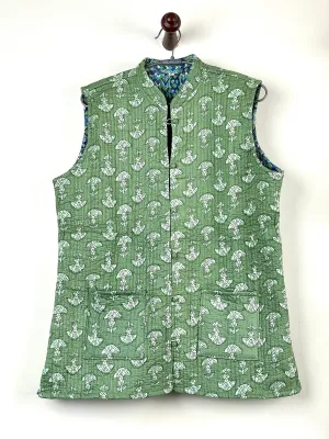 Indian Handmade Quilted Cotton Sleeveless Jacket Green & Blue Stylish Women's Coat, Reversible Jacket for Her