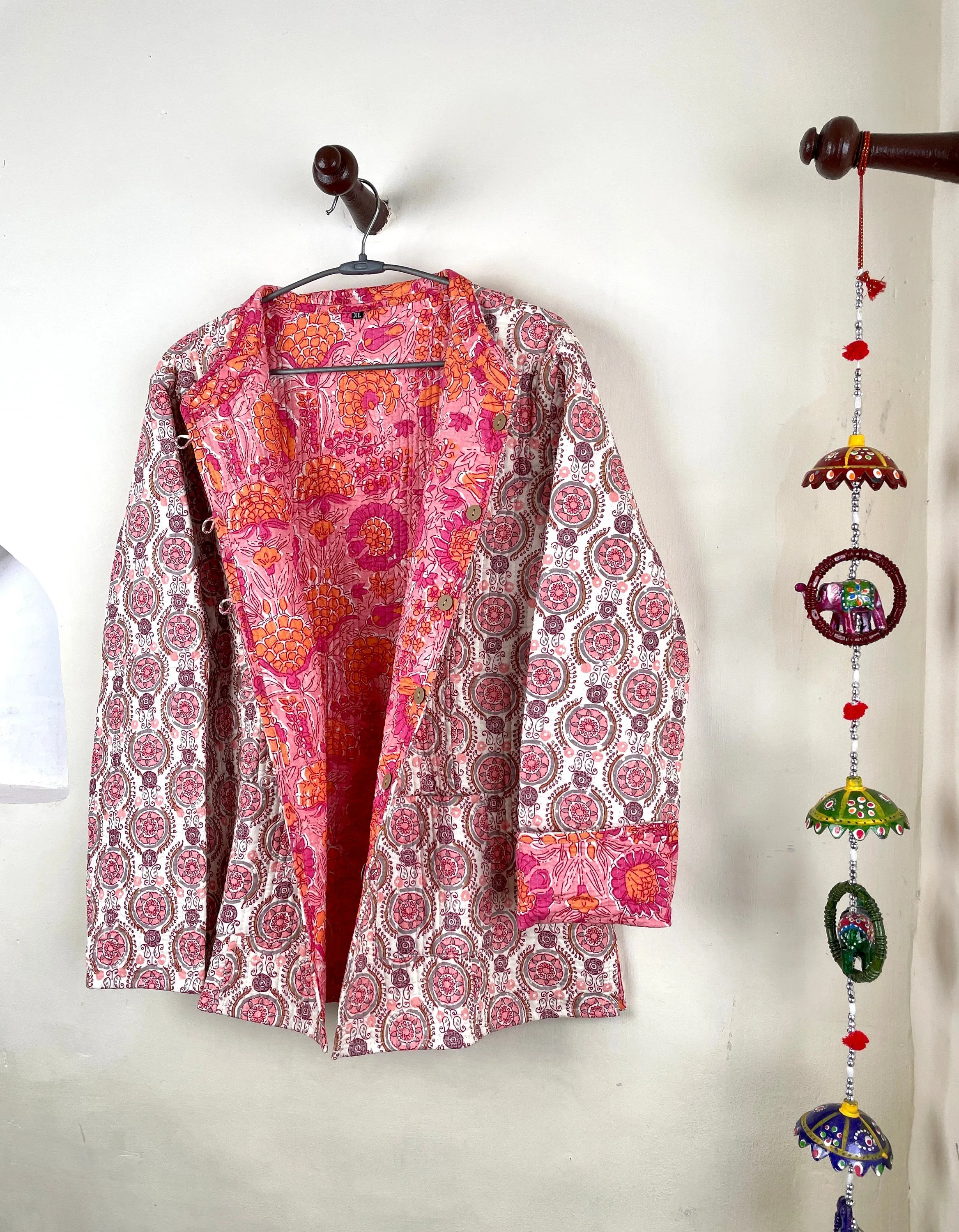 Indian Handmade Quilted Fabric Jacket Stylish White & Pink Floral Women's Coat, Reversible Jacket for Her