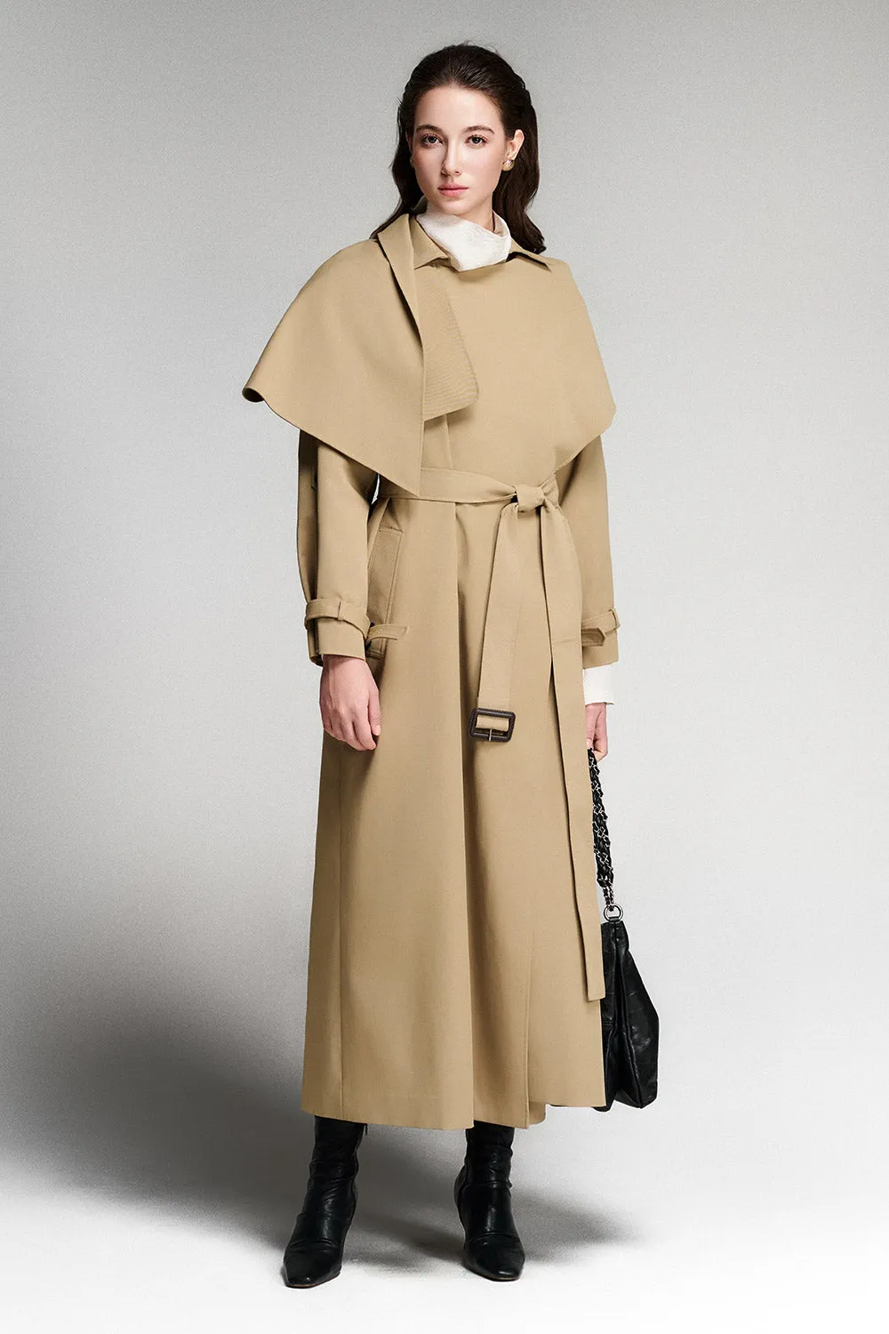 Julianna A-line Cape Shoulder Khaki Midi Trench Coat