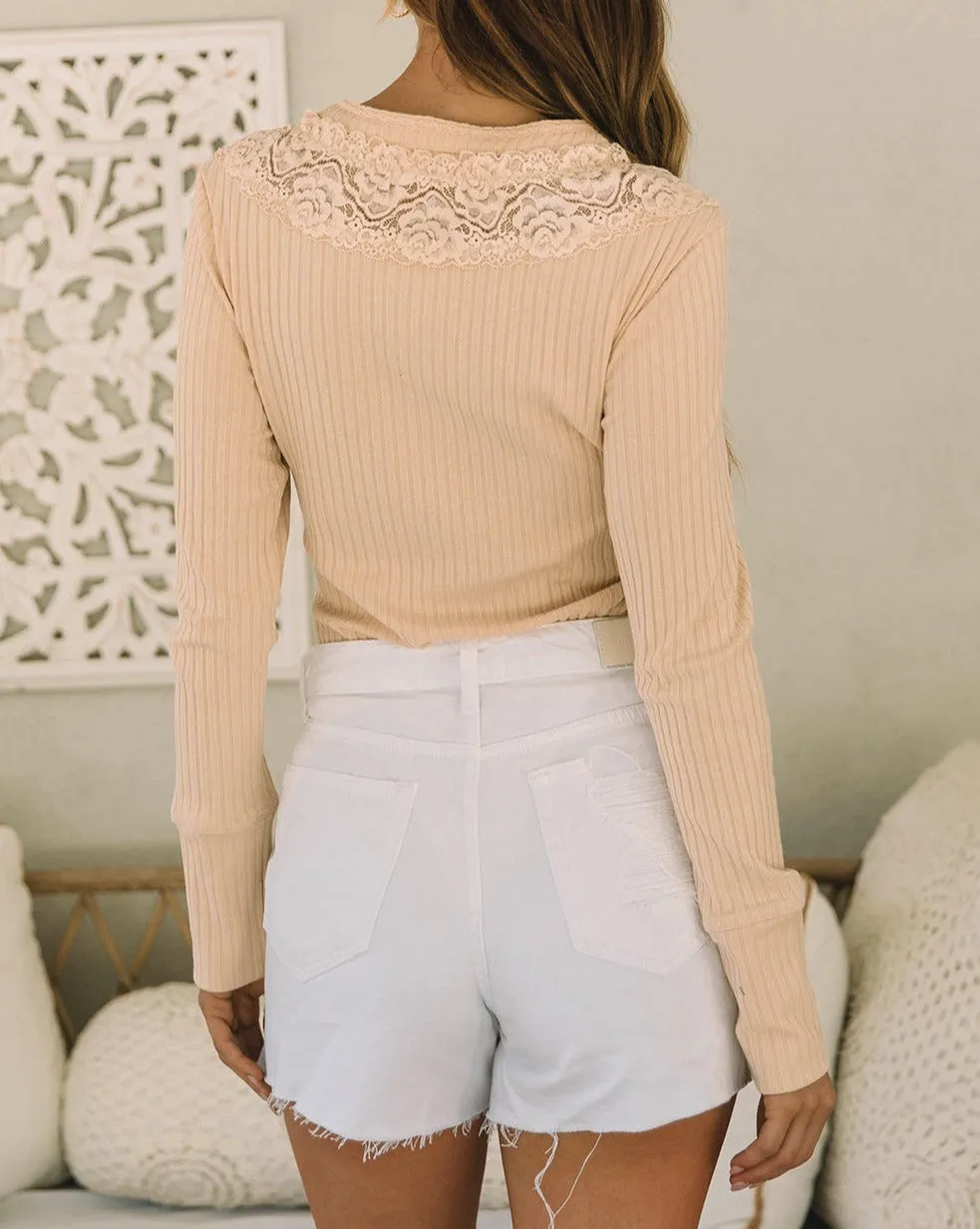 Lace Ribbed Half Buttoned Bodysuit