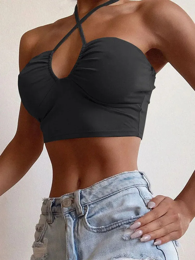 Lace Up Bow Halter Ruched Crop Top