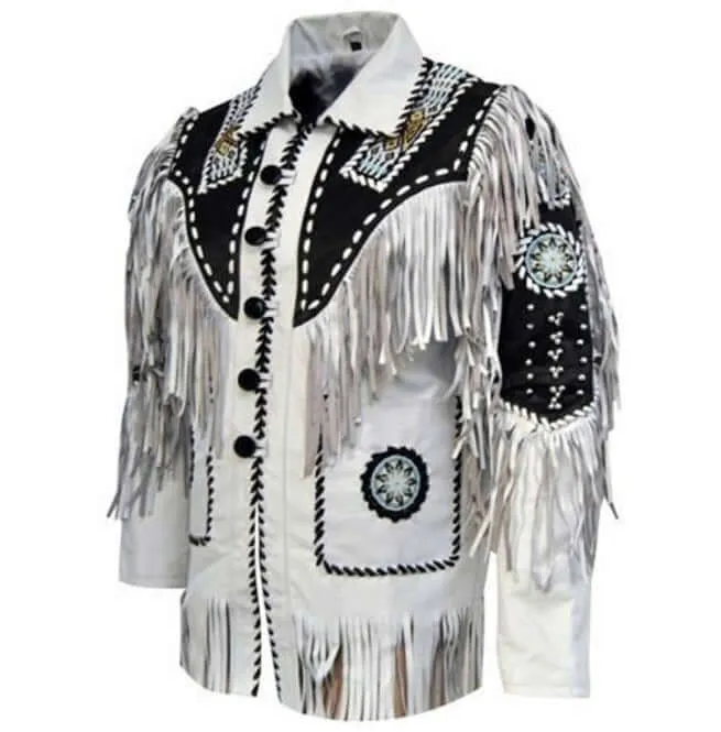 Mens Cowboy Suede Leather Jacket Western Coat Fringes Beads, Cowboy Jacket