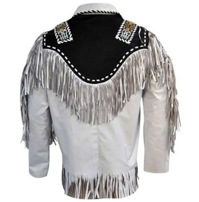 Mens Cowboy Suede Leather Jacket Western Coat Fringes Beads, Cowboy Jacket