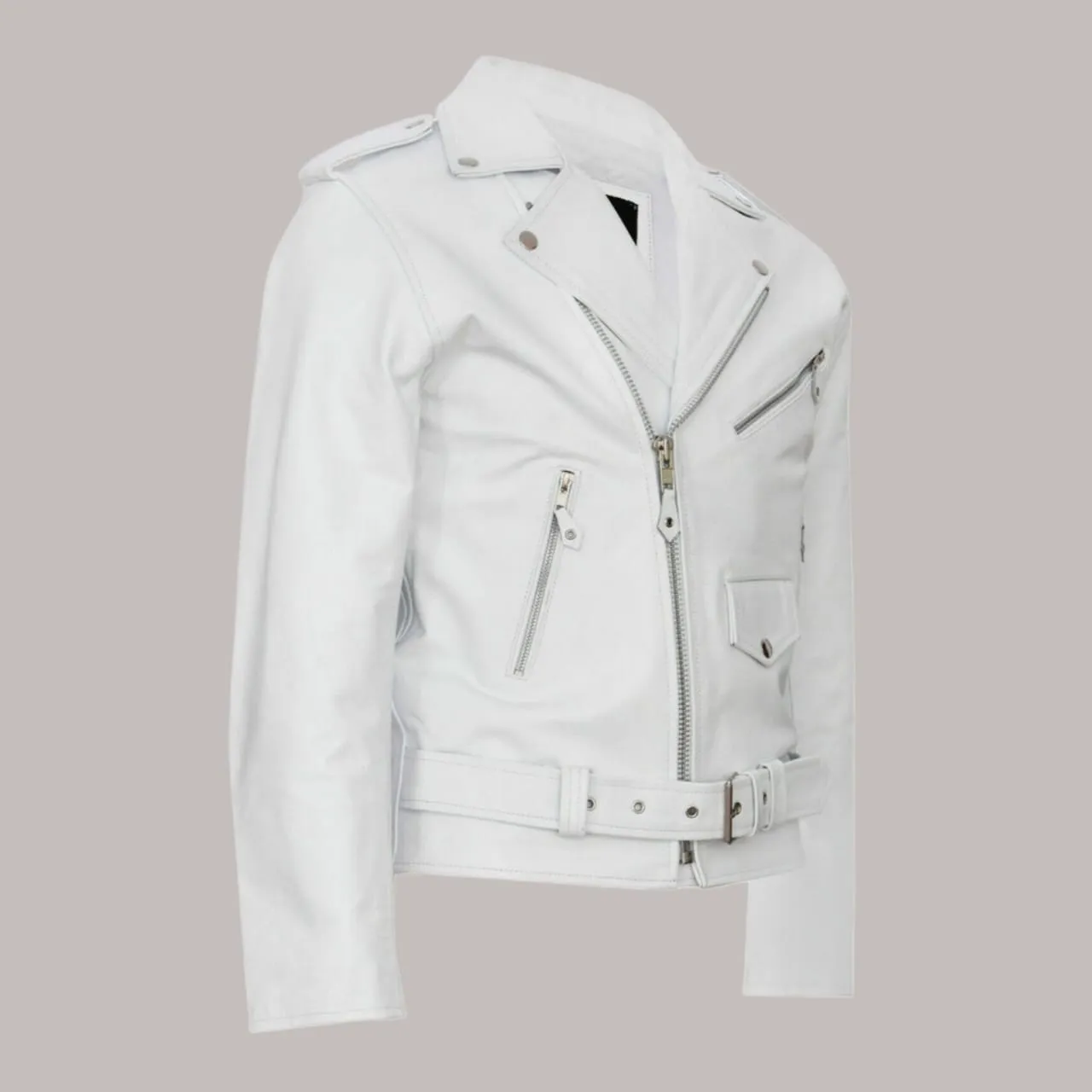 Men's Stylish Casual White Leather Biker Jacket