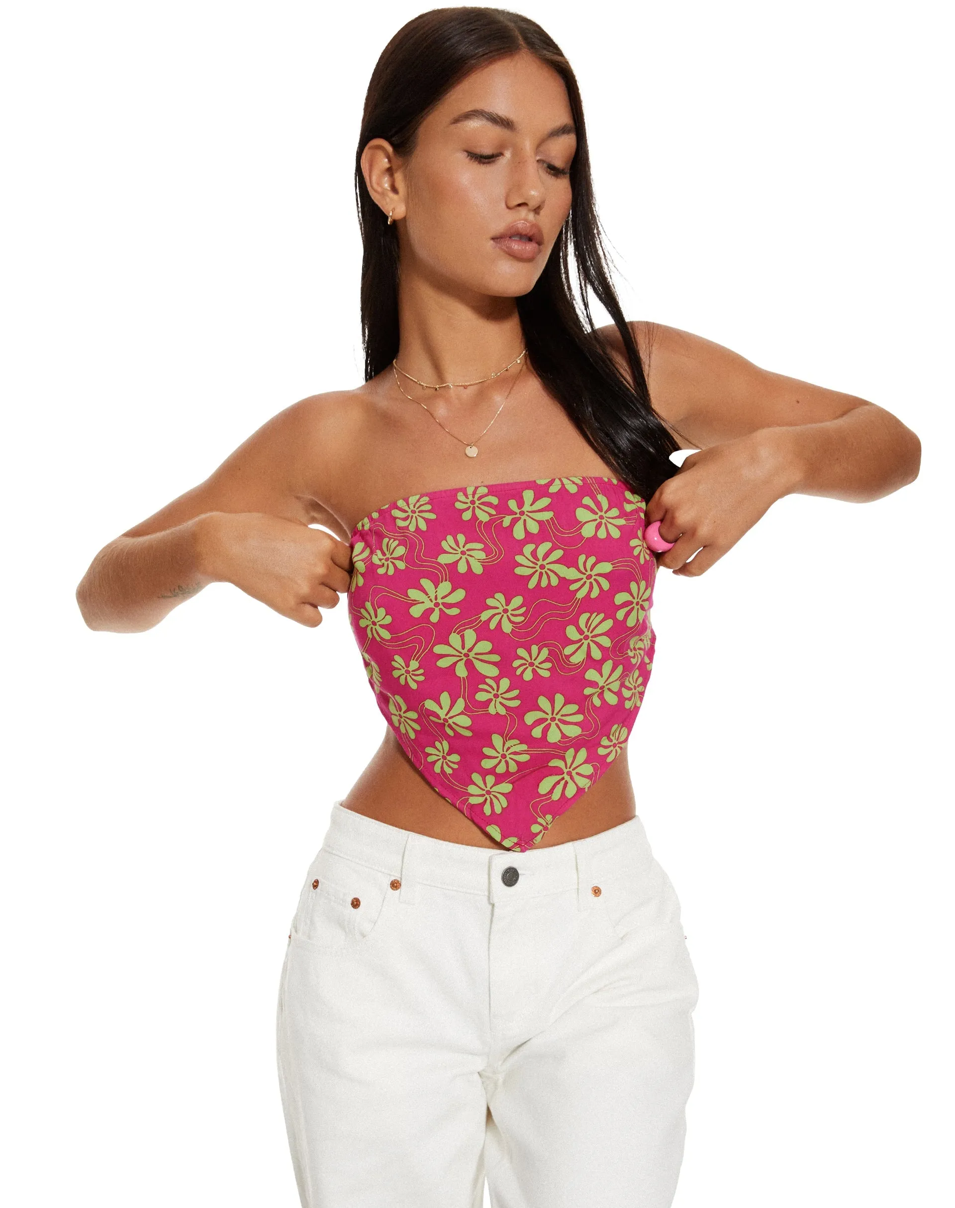 MOTEL X BARBARA Iryas Crop Top in 90s Beachy Floral Hot Pink