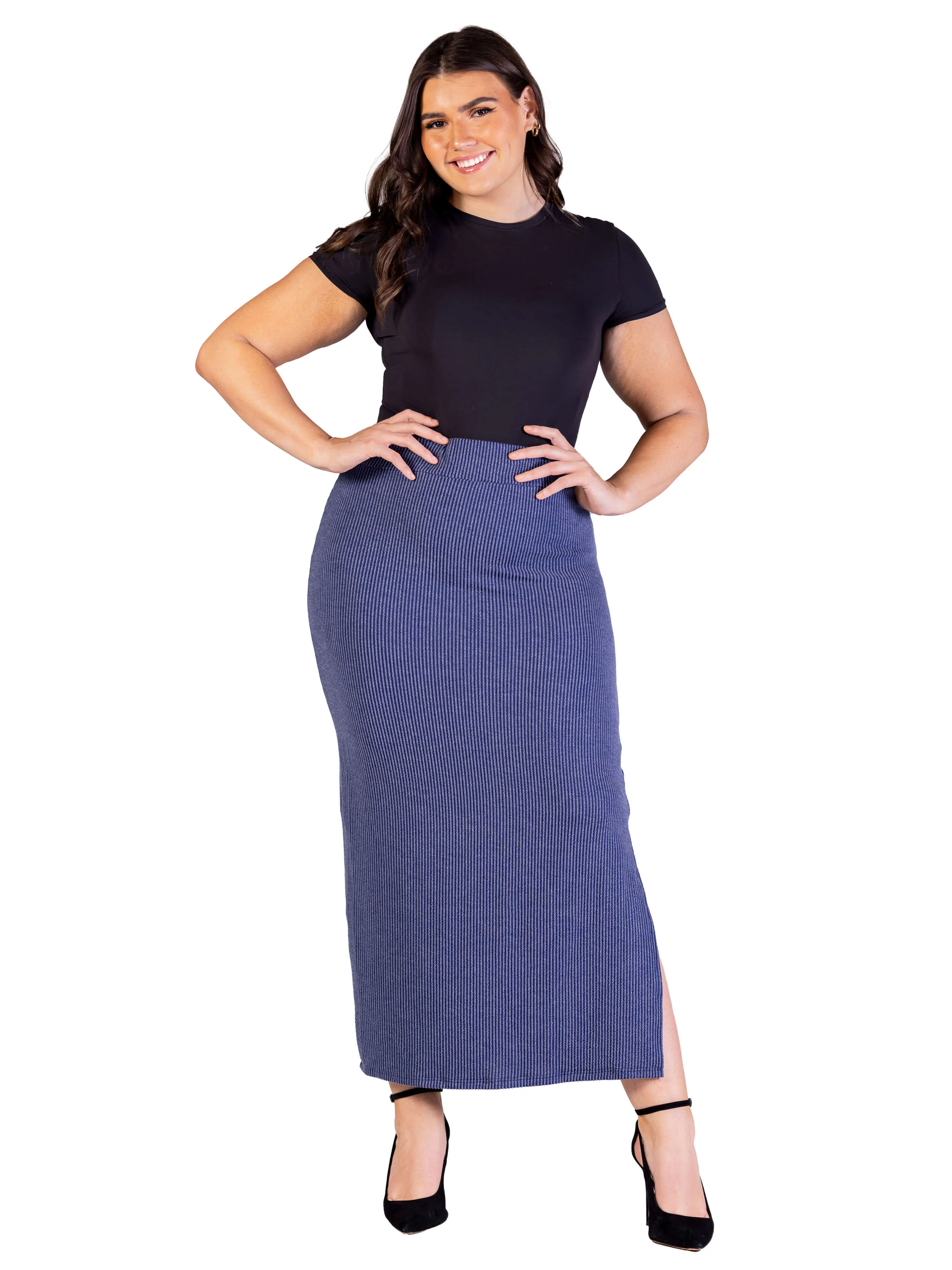 Plus Size Ribbed Knit Side Slit Elastic Waist Maxi Skirt