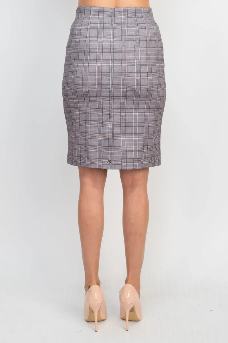 Premise elastic waist plaid printed scuba skirt