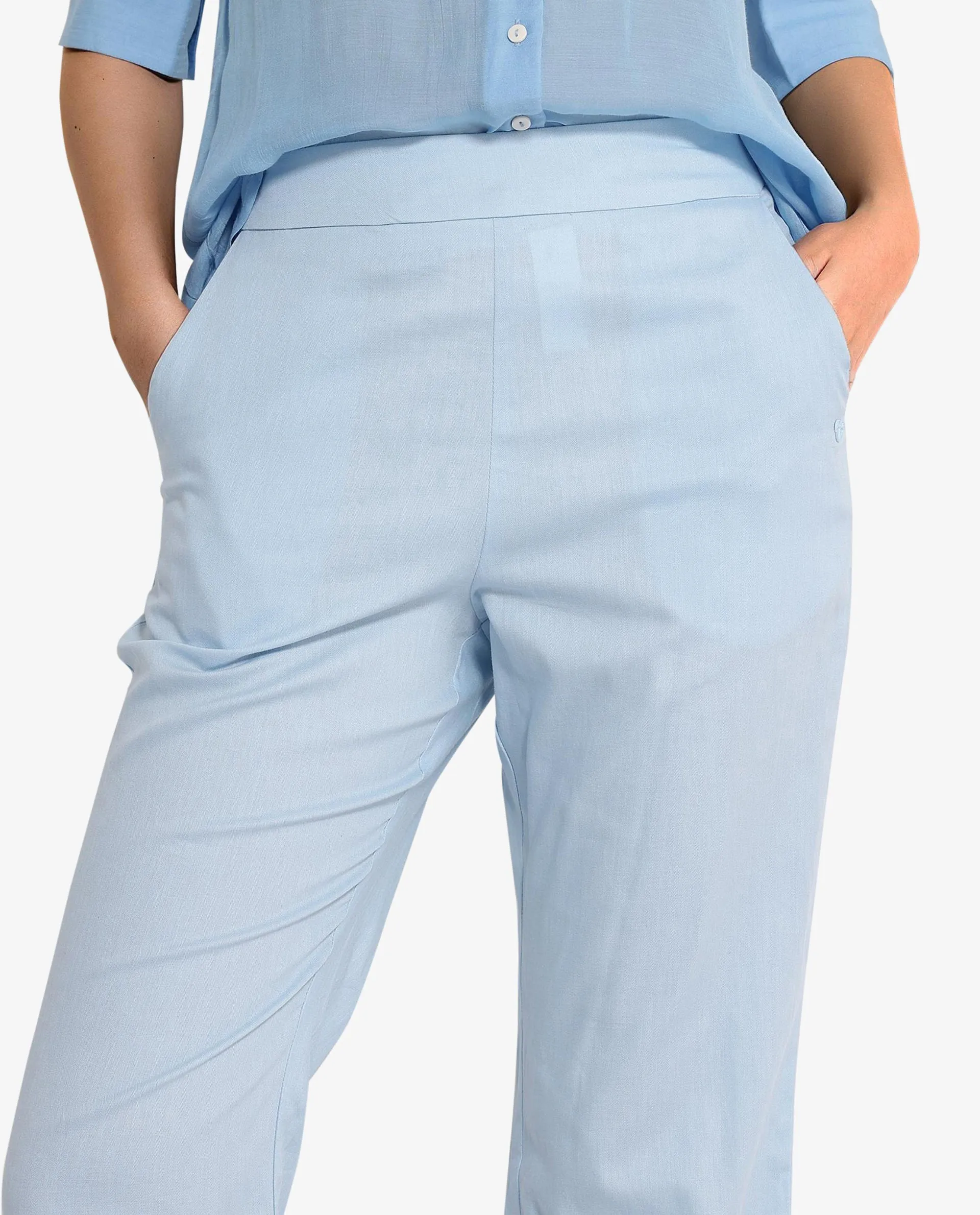 Rareism Women Trani Light Blue  Wide Leg Fit Ankle Length Plain Trouser