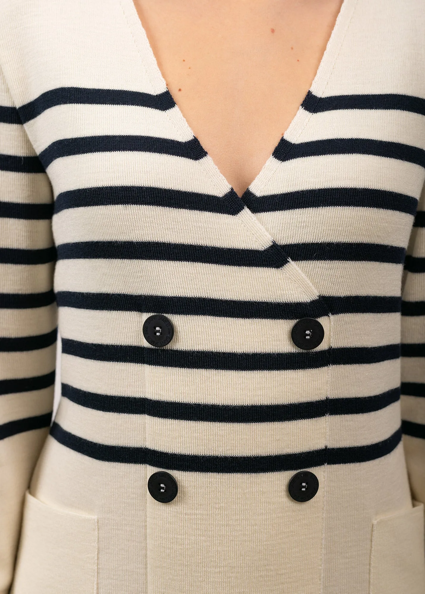 Royale striped dress in wool - crossed V neck (ECUME/NAVY)