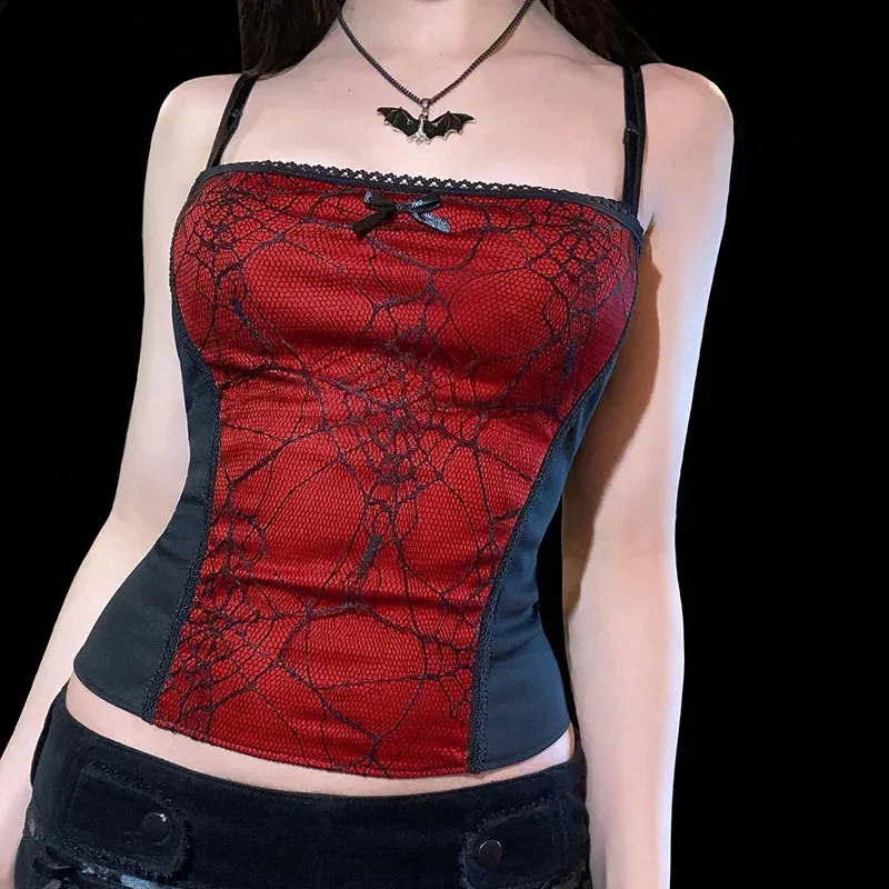 Sexy Spider Web Lace Patchwork Gothic Punk Sleeveless Slim Square Collar Trendy Stylish Crop Top