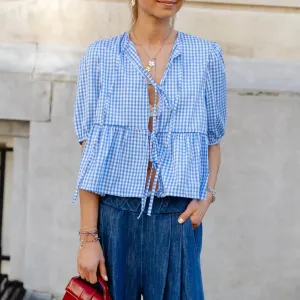 Short Sleeve Tie-up Plaid Loose Elegant Summer Streetwear Fashion Blouse