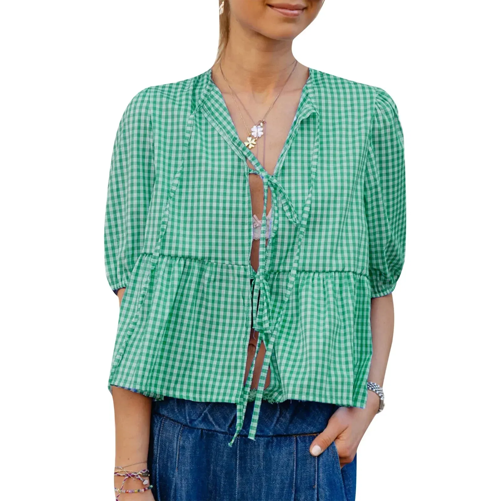 Short Sleeve Tie-up Plaid Loose Elegant Summer Streetwear Fashion Blouse