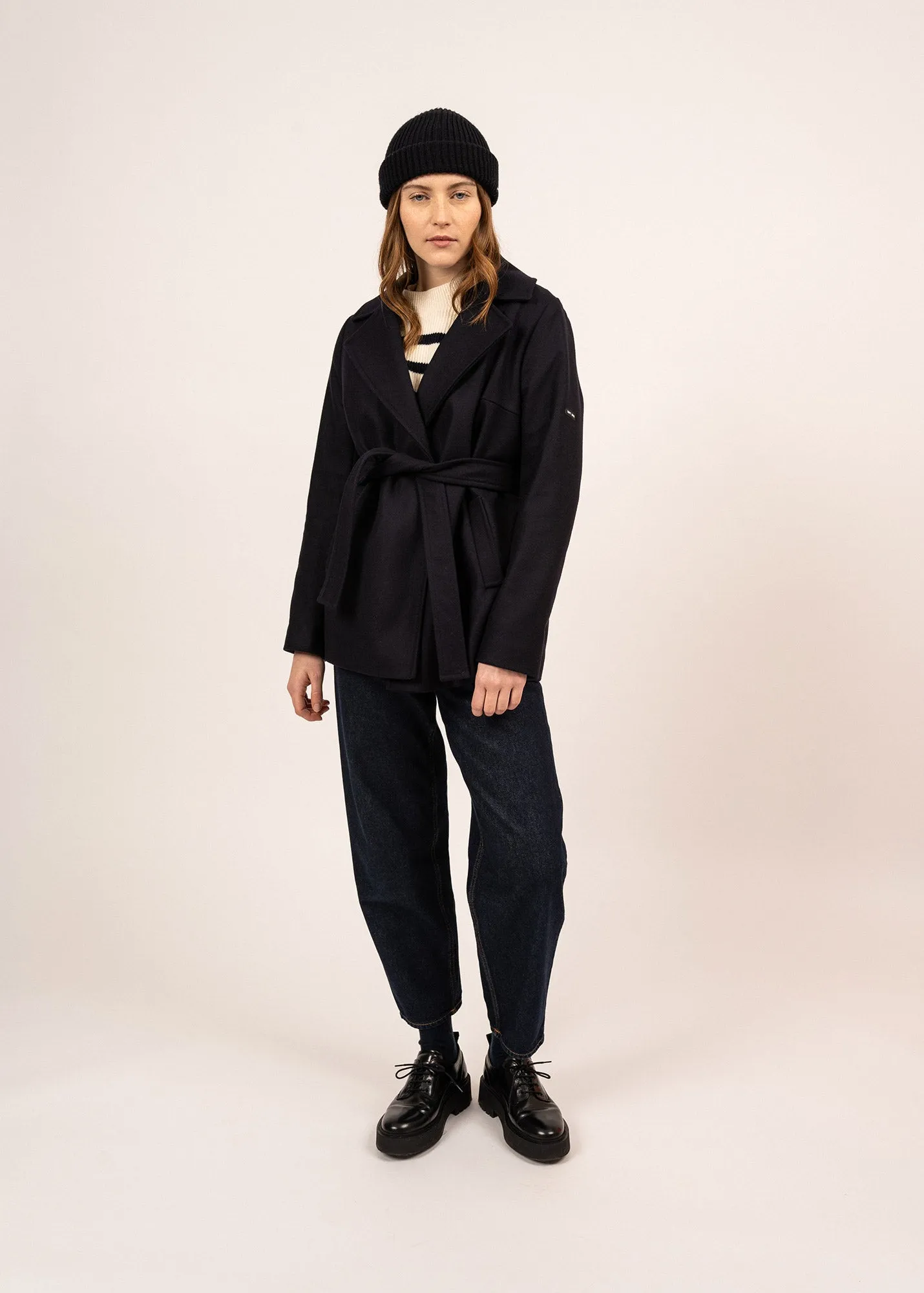 Ste Laury short coat - belted, in wool cloth (NAVY)