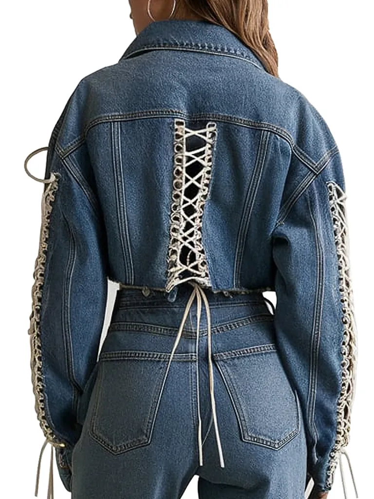 Stylish Blue Denim Jacket With Unique Lace-Up Design