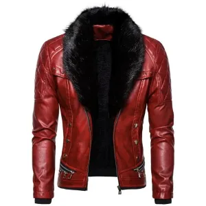 Stylish Men's Punk Detachable Fur Collar Rivet Pressed Cotton Thick Windproof Motorcycle Leather Coat Jacket Jacket Men