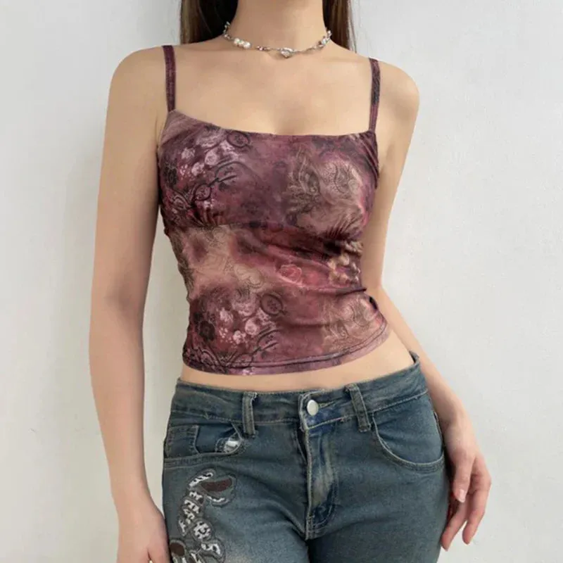 Summer Vintage Mesh Sheer Spaghetti Straps Crop Top Streetwear Crop Top