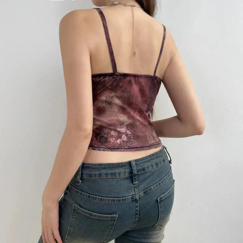 Summer Vintage Mesh Sheer Spaghetti Straps Crop Top Streetwear Crop Top