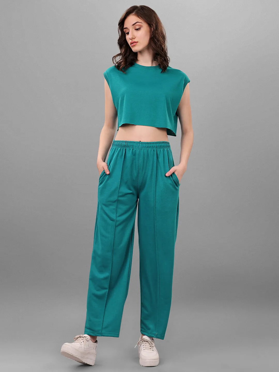 SXV Tealgreen Trouser with Crop Top Coords Set